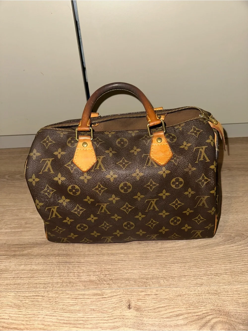 Louis Vuitton Brown Monogram Canvas Handbag with Tan Trim